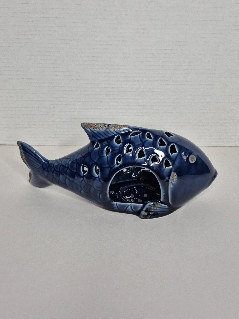 Pier 1 Vintage Cobalt Blue Ceramic Large Fish Tealight Candleholder NWT Rare
